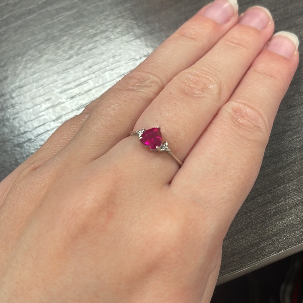 10k White Gold Genuine Ruby & Diamond Heart Ring - Picture 2 of 6